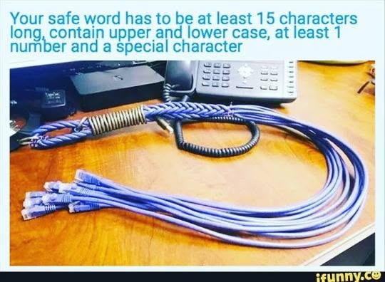 An IT-themed meme showing several blue Ethernet cables braided together at one end to look like a BDSM cat o' nine tails whip, resting on a wooden office desk next to a desk phone. Light blue text at the top reads: "Your safe word has to be at least 15 characters long, contain upper and lower case, at least 1 number and a special character". An iFunny watermark is visible in the bottom right corner.