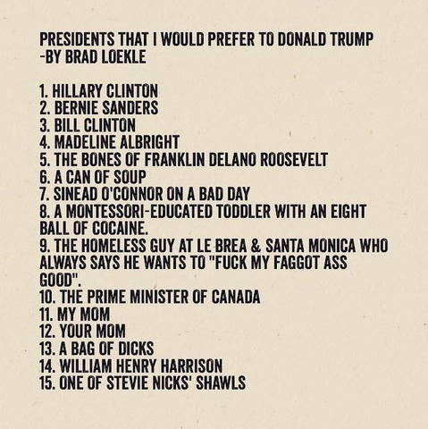 List titled "Presidents That I Would Prefer to Donald Trump - by Brad Loekle." The list includes humorous and unusual suggestions such as: Hillary Clinton, Bernie Sanders, Bill Clinton, Madeline Albright, the bones of Franklin Delano Roosevelt, a can of soup, Sinead O'Connor on a bad day, a Montessori-educated toddler with cocaine, a homeless person at Le Brea and Santa Monica with a specific saying, the Prime Minister of Canada, my mom, your mom, a bag of certain items, William Henry Harrison, and one of Stevie Nicks'