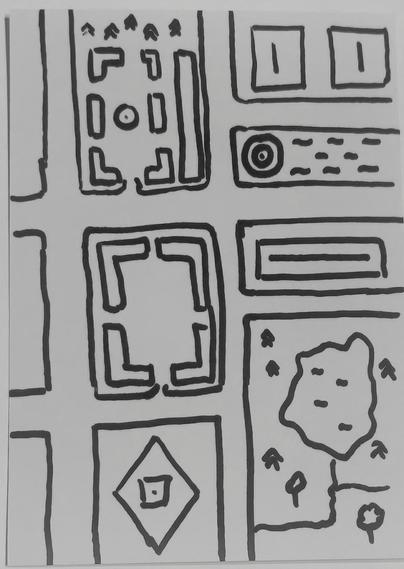 A hand drawn black and white postcard size map with a few straight streets, different buildings and parks.