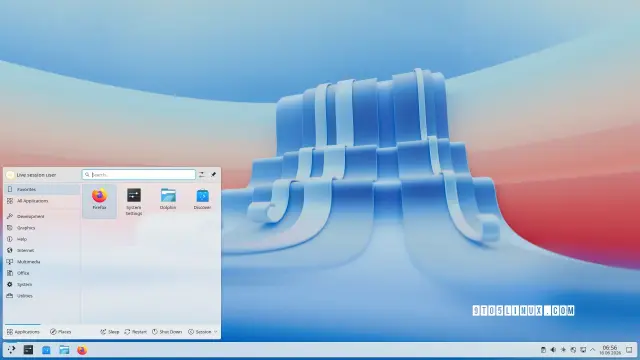 A screenshot of the KDE Plasma 6.7 desktop environment showing the Kickoff application launcher.