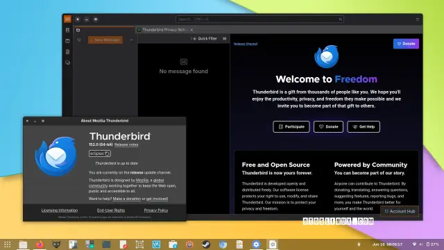 A screenshot of Mozilla Thunderbird 152 showing the main window and the About Mozilla Thunderbird dialog.