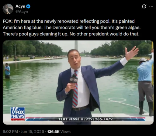 Fox news lying to their viewers. "It's painted American flag blue. The Democrats will tell you there's green algae. There's pool guys cleaning it up. No other president would do that."