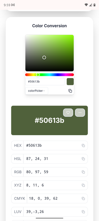 Hex value #50613b