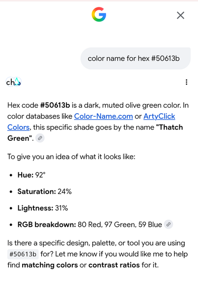 Color #50313b commonly known as Thatch Green.