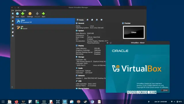 A screenshot of VirtualBox 7.2.10 showing the main window and the About VirtualBox dialog.