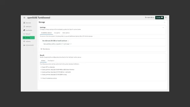A screenshot of the Agama installer showing the disk configuration section.
