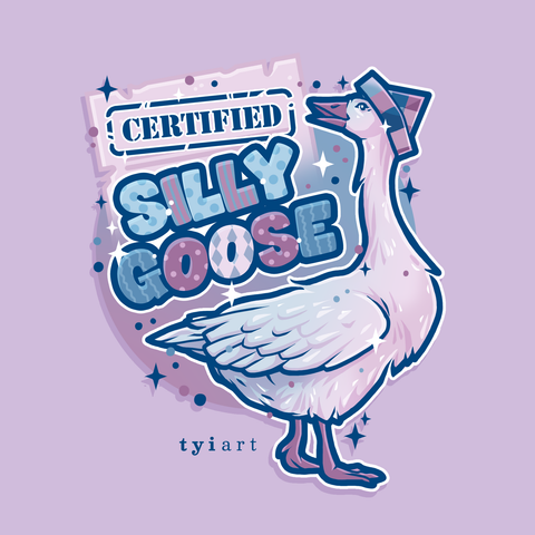 Digital drawing of a goose wearing a paper hat titled "certified silly goose"