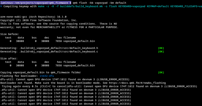 qmk repeatedly getting permission errors trying to flash a DFU device