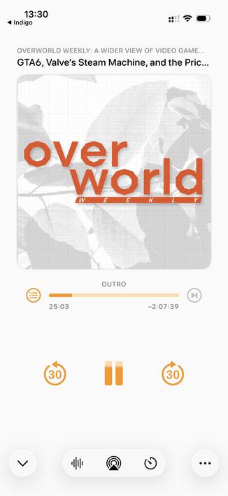 A screenshot of Overcast showing Brendon’s new Overworld podcast