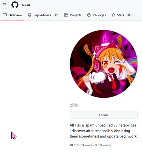 someone named bikini with a maidragon pfp is dropping a ton of zero days on github

"All I do is spam unpatched vulnerabilities I discover after responsibly disclosing them (sometimes) and update patchwork"