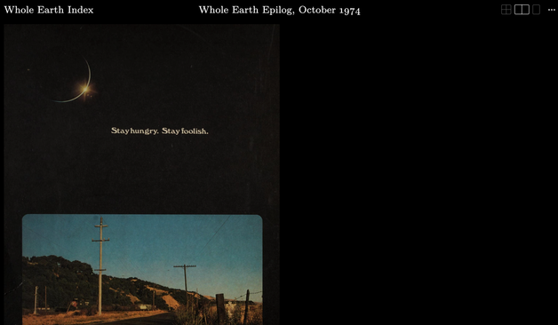 A screenshot of a page from the Whole Earth Epilog from October 1974. The left side shows the quote "Stay hungry. Stay foolish" above a photograph of a country road.