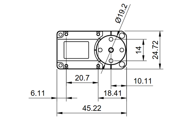 line drawing of a servo with numerous, even redundant, measurements marked for all of the various mounting holes