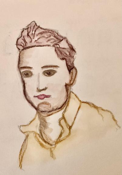 A sketch of a person with short, styled hair and a neutral expression, wearing a collared shirt. The colors are soft and muted, primarily featuring shades of brown and cream.