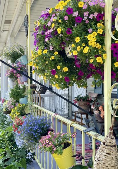 A porch with pale yellow railings. All along the top of the railing are hung metal buckets in pastel shades of yellow, pink, lavender and a pale bluish green. In each bucket is a different plant that's flowering profusely, all in shades of pink, blue, orange, yellow and white. in the foreground is an overflowing hanging basket full of calibrachoas like little petunia flowers, mixed in bright yellow, purple and pink blooming so profusely that the basket looks like a globe of flowers. On the porch a couple clay pots are visible with bigger flowers, in shades of peach and another that's deep pink. The whole scene is an eyeful of color.