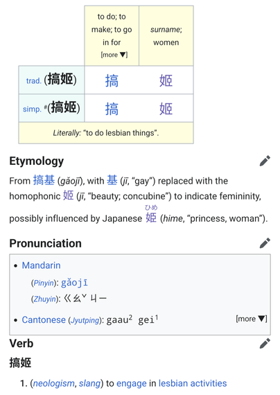 dictionary entry for 搞姬, Literally: “to do lesbian things”.

(neologism, slang) to engage in lesbian activities