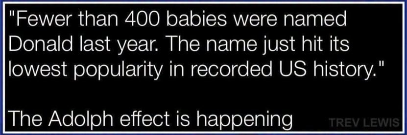 "Fewer than 400 babies were named Donald last year. The name just hit its lowest popularity in recorded US history."

The Adolph effect is happening