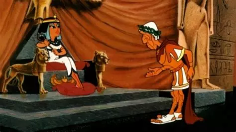 Julio César, con el casco en la mano, presentándose ante Cleopatra en 'Astérix y Cleopatra'