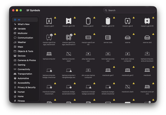 A Mac app for browsing SF Symbols, with exclamation mark icons on various ones that represent Apple products.