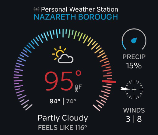 Screenshot of current temperature for Nazareth, Pennsylvania. It shows a temperature of 95°F (35°C) and a Feels Like temperature of 116°F (45°C)