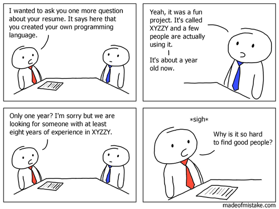 Four panel cartoon with very simple line drawing people. Interviewer on left with red tie, interviewee on right with blue tie. Red tie says “it says here you created your own programming language.” Blue tie says yes, describes, says it’s a year old now. Red tie says “only one year? I’m sorry but we are looking for someone with at least 8 years of experience in (language blue tie invented.” Last panel blue tie alone sighs and says why is it so hard to find good people?