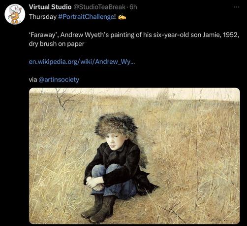 A dry brush painting titled "Faraway" by Andrew Wyeth depicting his six-year-old son Jamie. The boy sits on the ground, dressed in a dark coat and hat, surrounded by a grassy field. The atmosphere conveys a sense of solitude and calm.