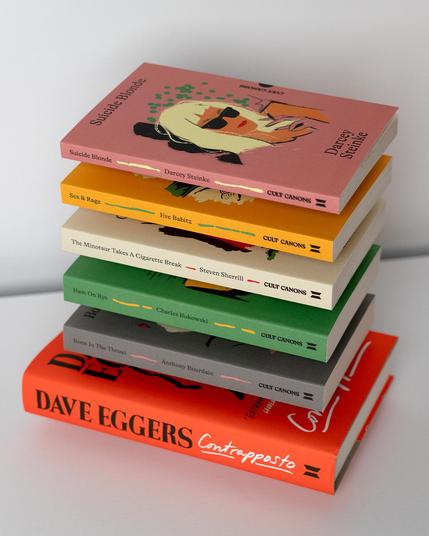 A pile of books for pub day: 5 Cult Canons and Contrapposto by Dave Eggers