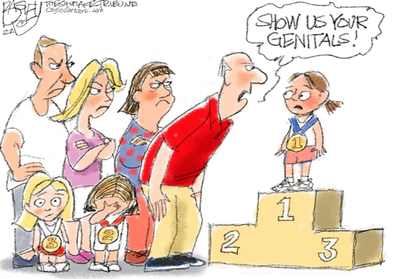 Cartoon by Pat Bagley of The Salt Lake Tribune, Utah, showing a gold winning young sportswoman on the podium, being accosted by the parents of the silver and bronze winners demanding "show us our genitals!" The bronze winner, not yet on the podium, is taken aback, while the silver winner is facepalming and wants to be somewhere else, anywhere else. Good sports both of them.