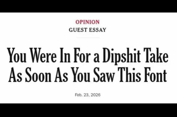 Fake headline in the signature New York Times font and style that reads "you were in for a dipshit take as soon as you saw this font"