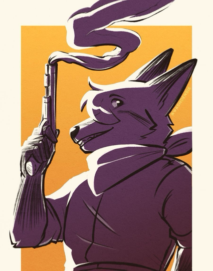 A coyote anthro character, Oakley, holding a smoking gun pointed upwards as he looks to the camera with a smirk. He is colored purple with bright white highlights on a yellow background