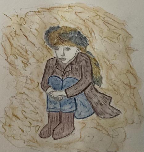 A seated figure with a somber expression, wearing a fur hat, brown coat, and blue pants. The figure is surrounded by a textured, light brown background that resembles straw or hay.