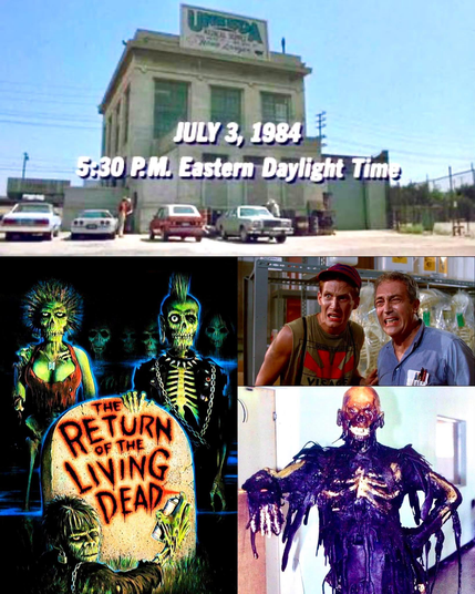 A collage of images from "Return of the Living Dead" (1985) including the poster (2 zombies standing by a headstone with the movie title on it)