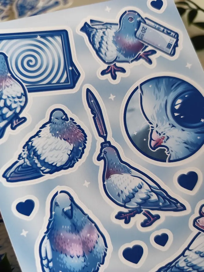 close-up photo of a sticker sheet full of rock pigeons