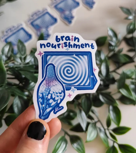 hand holding up a sticker of a pigeon watching a spiral on a tablet titled "brain nourishment"