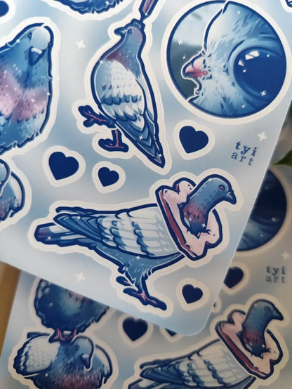 close-up photo of a sticker sheet full of rock pigeons