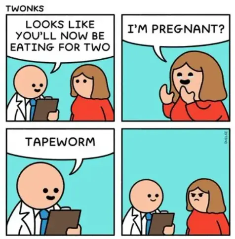 Panel 1: A doctor tells a female patient, "Looks like you'll now be eating for two."

Panel 2: The patient looks overjoyed and tearful, asking, "I'm pregnant?"

Panel 3: The doctor bluntly clarifies the true diagnosis with a single word: "Tapeworm."

Panel 4: The final panel features deadpan silence, showing the woman looking intensely annoyed while the doctor maintains his pleasant, neutral expression.