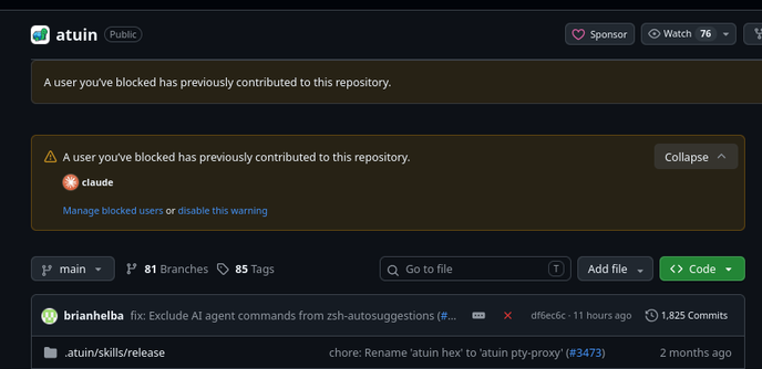 screenshot of GitHub showing orange notice that says "A user you've blocked has previously contributed to this repository". The user is Claude