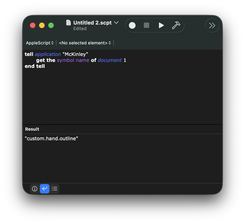 AppleScript Script Editor window.

Script reads:

tell application "McKinley"	get the symbol name of document 1end tell

Output reads:

"custom.hand.outline"