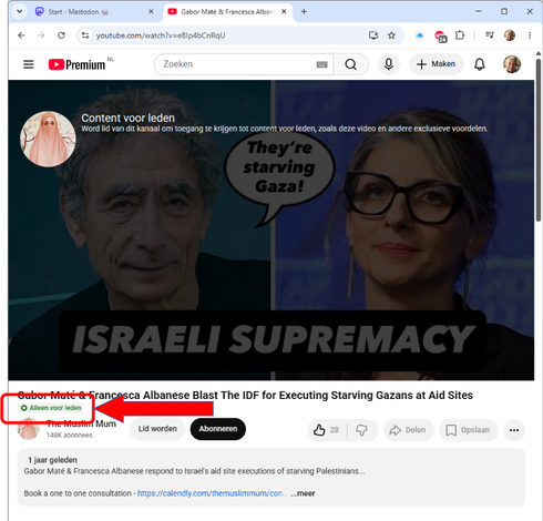 Screenshot of a Youtube-video on Gabor Maté and Francesca Albanese, which I cannot see, unless I take a membership for $ 4,99. No way!!