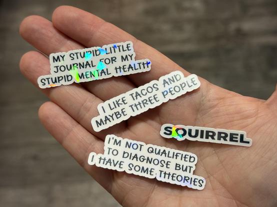 Four stickers pictured on Susan’s, top to bottom they read: 

“My stupid journal for my stupid mental health” 
“I like tacos and maybe three people” 
“SQUIRREL”
“I’m not qualified to diagnose but I have some theories”