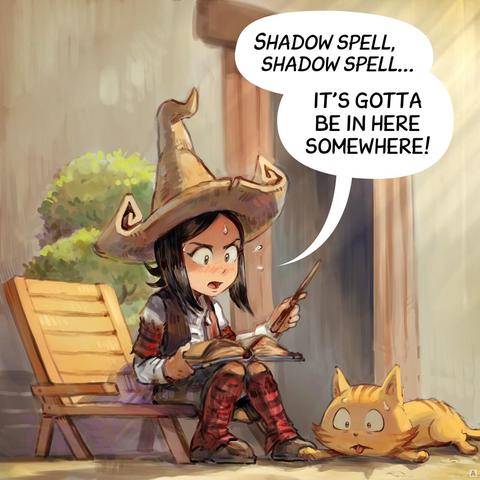 Panel 1. Pepper in hot weather, studying her magic books outside on her little terrace. Carrot is also hot.  
> Pepper: "Shadow spell, shadow spell... it's gotta be in here somewhere!"