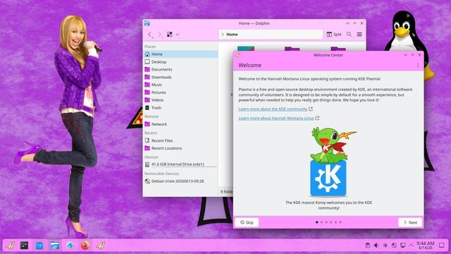 A vibrant desktop features a character in a purple background alongside a welcome window for the Hannah Montana Linux distribution.