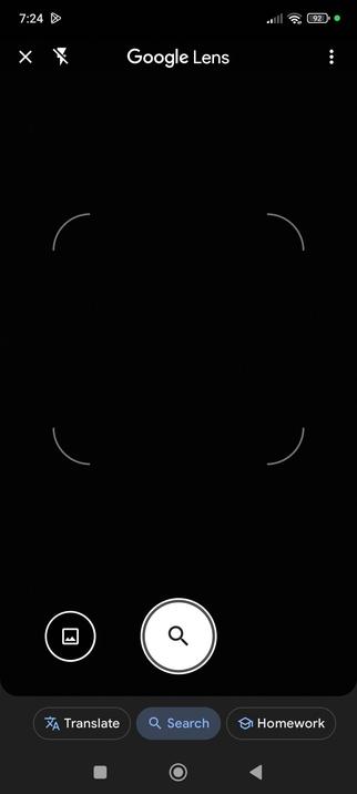 A screenshot of the Google Lens app on an android phone. At the bottom are the following buttons: Translate, Search, Homework.
