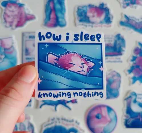 Hand holding up a sticker of a tucked in kitten titled "how i sleep knowing nothing"