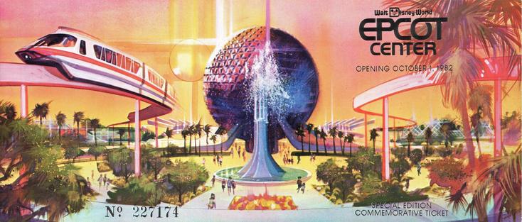 A vintage Walt Disney World EPCOT Center commemorative ticket from the opening on October 1, 1982. The illustration depicts a futuristic theme park with a monorail, a large geodesic sphere structure in the center, palm trees, and stylized architecture set against a sunset sky in warm orange and pink tones. The ticket is numbered 227174 and marked as a special edition commemorative ticket.