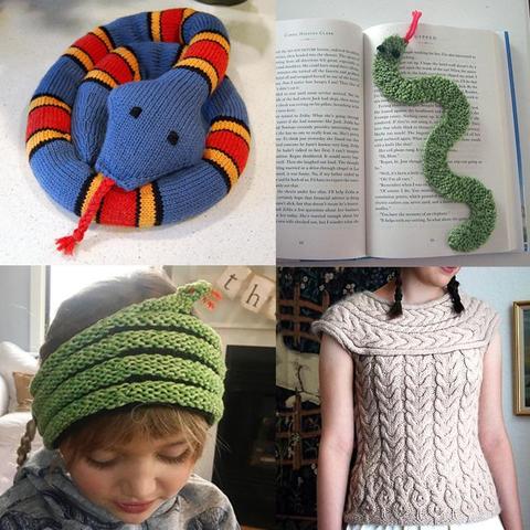 Collage of knitting projects: 
1. Striped Snake  by Sarah Ann Thompson is a blue stake with red and yellow stripes.
2. Snake Bookmark by Frankie Brown is a curving green flat snake on a book.
3. Snake Coil Cowl by Ariel Woods. A child wears a knit snake coiled several times around neck. 
4. Snake-a-licious Sweater by tiny owl knits  with cable pattern like lined up snakes with chevron shaped cables forming the body leading to a diamond cable shaped had, and a tongue at the bottom.
