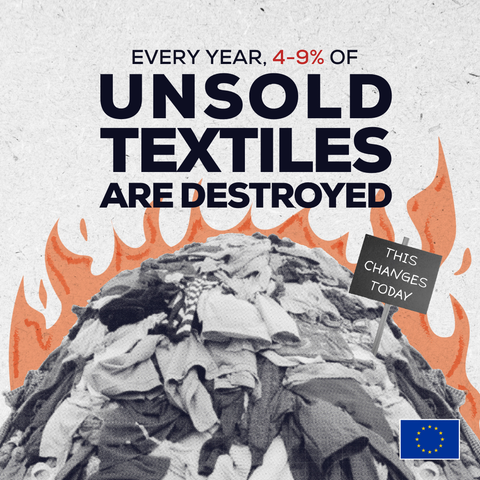 Graphic with the headline: “Every year, 4–9% of unsold textiles are destroyed.” The “4–9%” is highlighted in red, while the remaining text is in large, bold, dark lettering. Below the headline is a black-and-white illustration of a large pile of discarded clothing, surrounded by stylized orange flames to suggest burning. A small sign planted in the clothing pile reads, “This changes today.” An EU flag appears in the bottom-right corner.