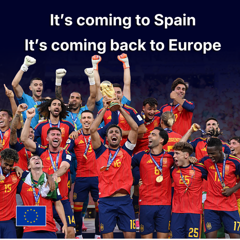 A group photo of the Spain men's national football team celebrating their victory. The caption reads, "It’s coming to Spain. It’s coming back to Europe."