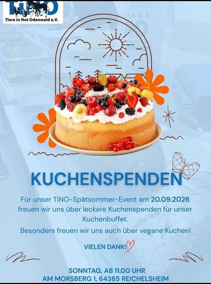 Ein Veranstaltungsflyer zeigt einen runden Kuchen mit weißem Guss und verschiedenen Beeren wie Erdbeeren, Blaubeeren und roten Johannisbeeren auf einem weißen Teller. Im Hintergrund sind grafische Elemente einer Sonne sowie orangefarbene Blumenformen vor einem blau-weißen Verlauf zu sehen. Am oberen Rand befindet sich das Logo „TiNO Tiere in Not Odenwald e.V.“. Der zentrale Text lautet: „KUCHENSPENDEN Für unser  TiNO-Spätsommer-Event am 20.09.2026 freuen wir uns über leckere Kuchenspenden für unser Kuchenbuffet. Besonders freuen wir uns auch über vegane Kuchen! VIELEN DANK!“. Der untere Text lautet: „SONNTAG, AB 11.00 UHR AM MORSBERG 1, 64385 REICHELSHEIM“.