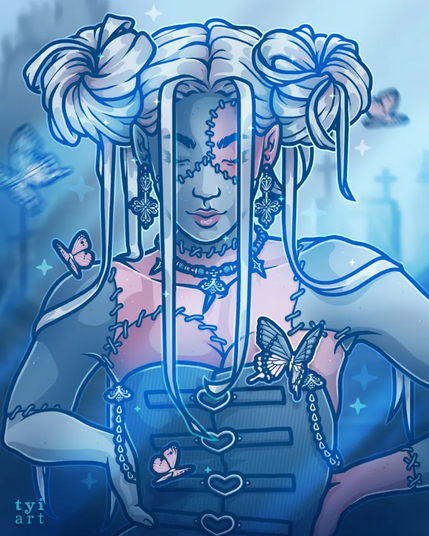 Digital drawing of a platinum-haired live doll OC Aurora, wearing a dark corset and gothic jewelry, looking down as strands of her overly long hair fall down to her chest, the rest of it being tied to two large buns on the sides. He skin is stitched together with differently colored patches. There are butterflies flying around her and faint outlines of a graveyard in the background.