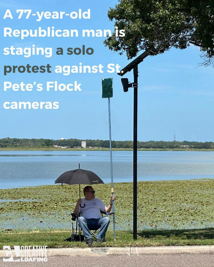 A 77 year old Republican man is staging a solo protest against St Pete's flock cameras. Man is sitting in a lawn chair holding a post with a dark material right in front of the flock camera. Photo credit Creative Loafing